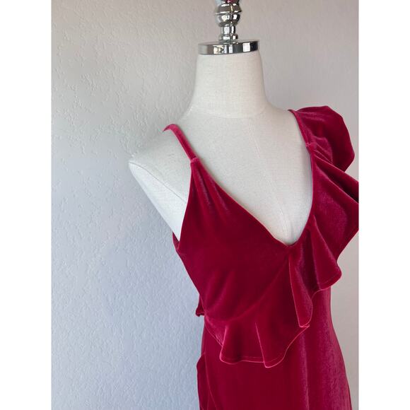 Express Velvet Red One Shoulder Mini Dress Ruffle V Neck size Small Whimsigoth - Picture 4 of 11